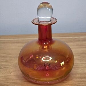 Vintage Iridescent Amber Red‎ Hand Blown Glass Perfume Bottle Decanter